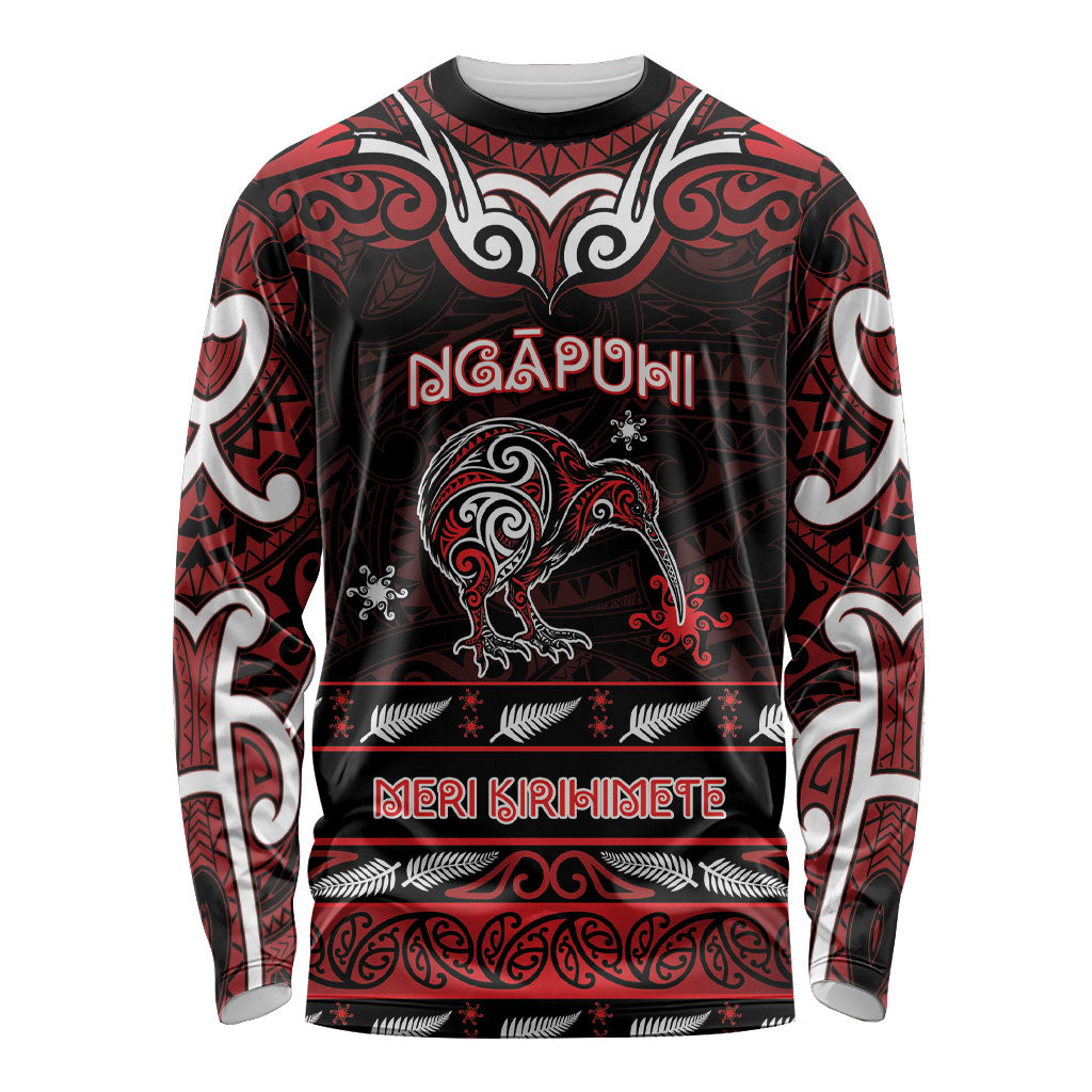 Personalised Ngapuhi Aotearoa Meri Kirihimete Long Sleeve Shirt Maori Kiwi Bird Silver Fern Koru Pattern DT05 Unisex Red - Polynesian Pride