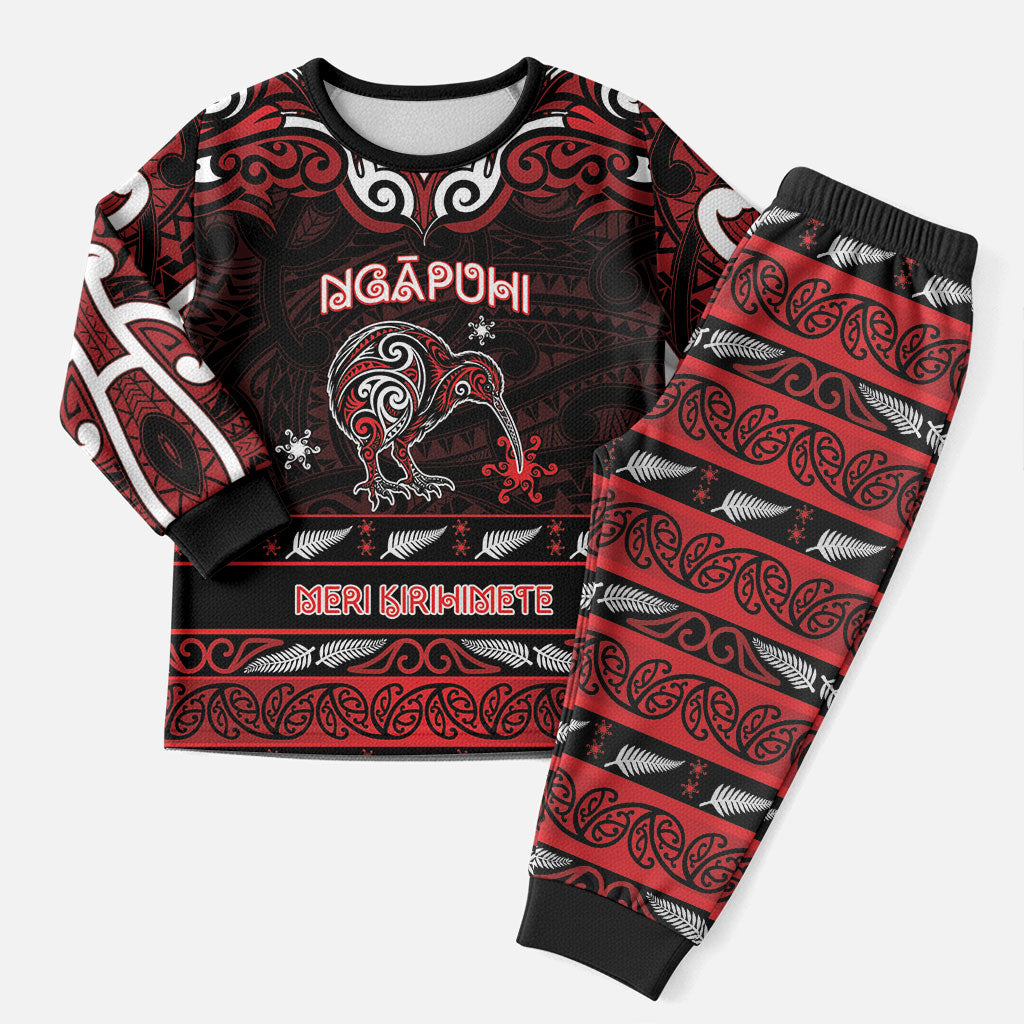 Personalised Ngapuhi Aotearoa Meri Kirihimete Christmas Pajama Set Maori Kiwi Bird Silver Fern Koru Pattern DT05 Men Red - Polynesian Pride