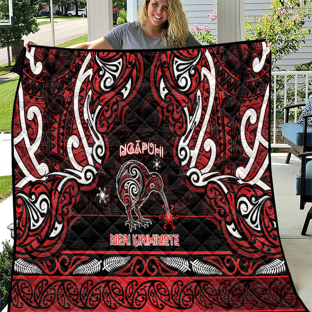 Ngapuhi Aotearoa Meri Kirihimete Quilt Maori Kiwi Bird Silver Fern Koru Pattern DT05 Red - Polynesian Pride