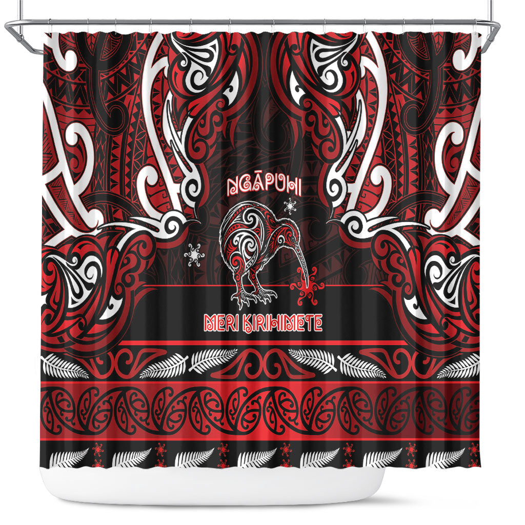 Ngapuhi Aotearoa Meri Kirihimete Shower Curtain Maori Kiwi Bird Silver Fern Koru Pattern DT05 Red - Polynesian Pride