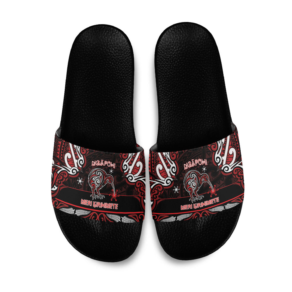 Ngapuhi Aotearoa Meri Kirihimete Slide Sandals Maori Kiwi Bird Silver Fern Koru Pattern DT05 Red - Polynesian Pride