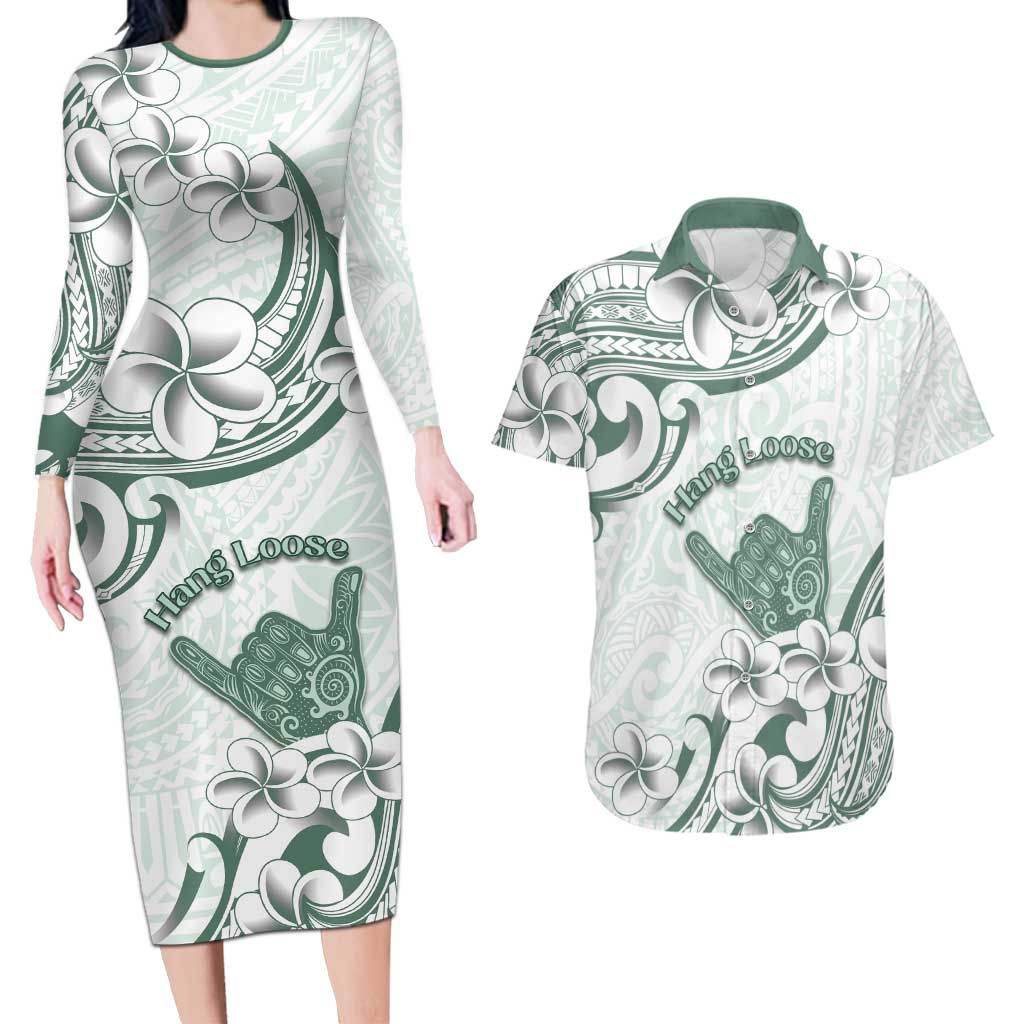 Aloha Hawaii Shaka Couples Matching Long Sleeve Bodycon Dress and Hawaiian Shirt Hang Loose Mint Version DT05 Mint - Polynesian Pride