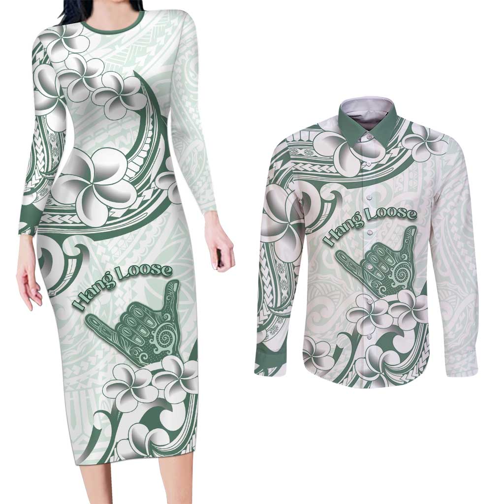 Aloha Hawaii Shaka Couples Matching Long Sleeve Bodycon Dress and Long Sleeve Button Shirt Hang Loose Mint Version - Polynesian Pride