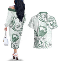 Aloha Hawaii Shaka Couples Matching Off The Shoulder Long Sleeve Dress and Hawaiian Shirt Hang Loose Mint Version DT05 - Polynesian Pride