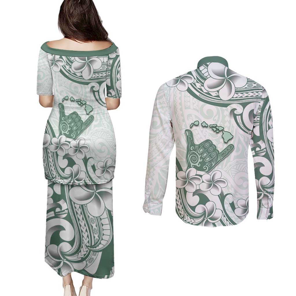 Aloha Hawaii Shaka Couples Matching Puletasi and Long Sleeve Button Shirt Hang Loose Mint Version - Polynesian Pride