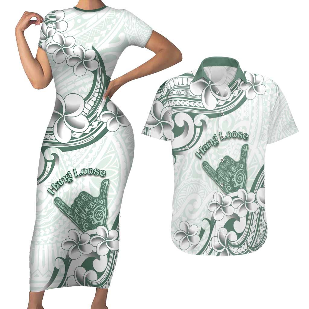 Aloha Hawaii Shaka Couples Matching Short Sleeve Bodycon Dress and Hawaiian Shirt Hang Loose Mint Version DT05 Mint - Polynesian Pride
