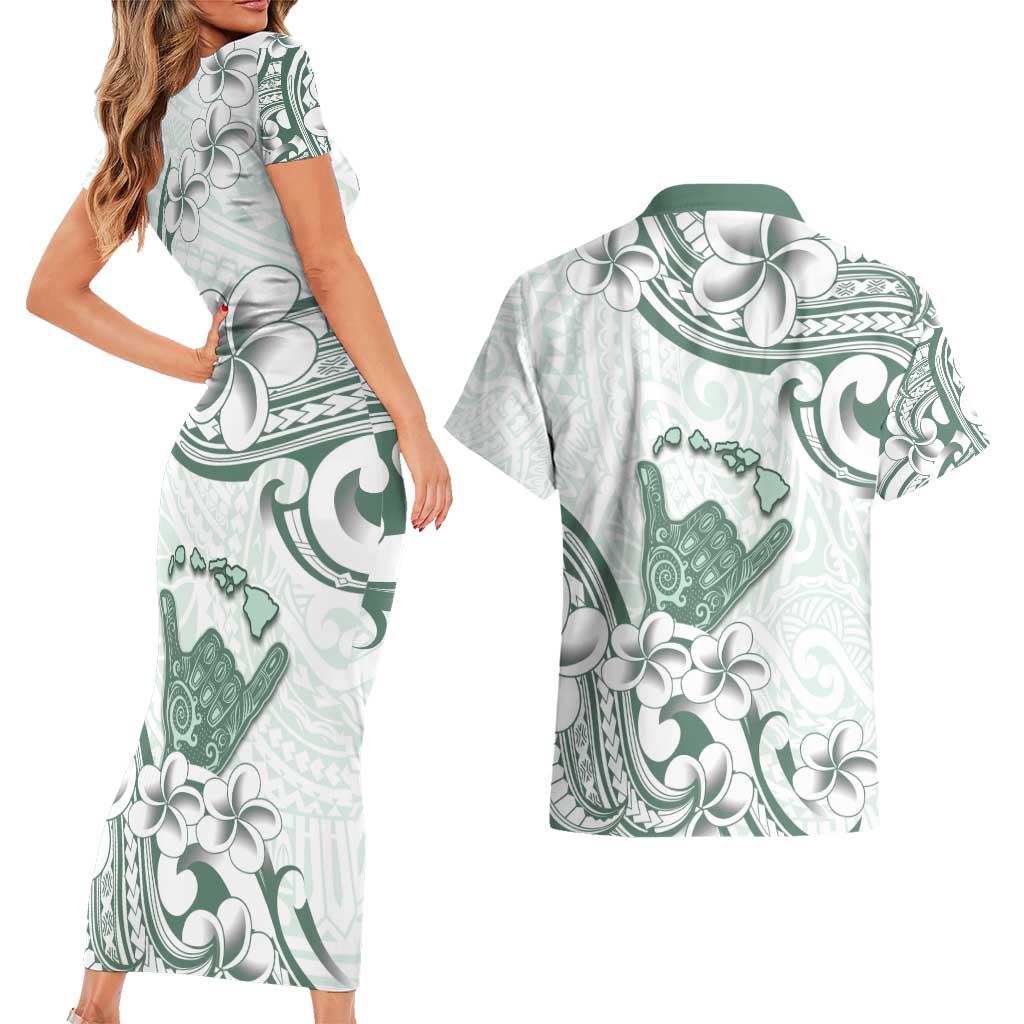 Aloha Hawaii Shaka Couples Matching Short Sleeve Bodycon Dress and Hawaiian Shirt Hang Loose Mint Version DT05 - Polynesian Pride