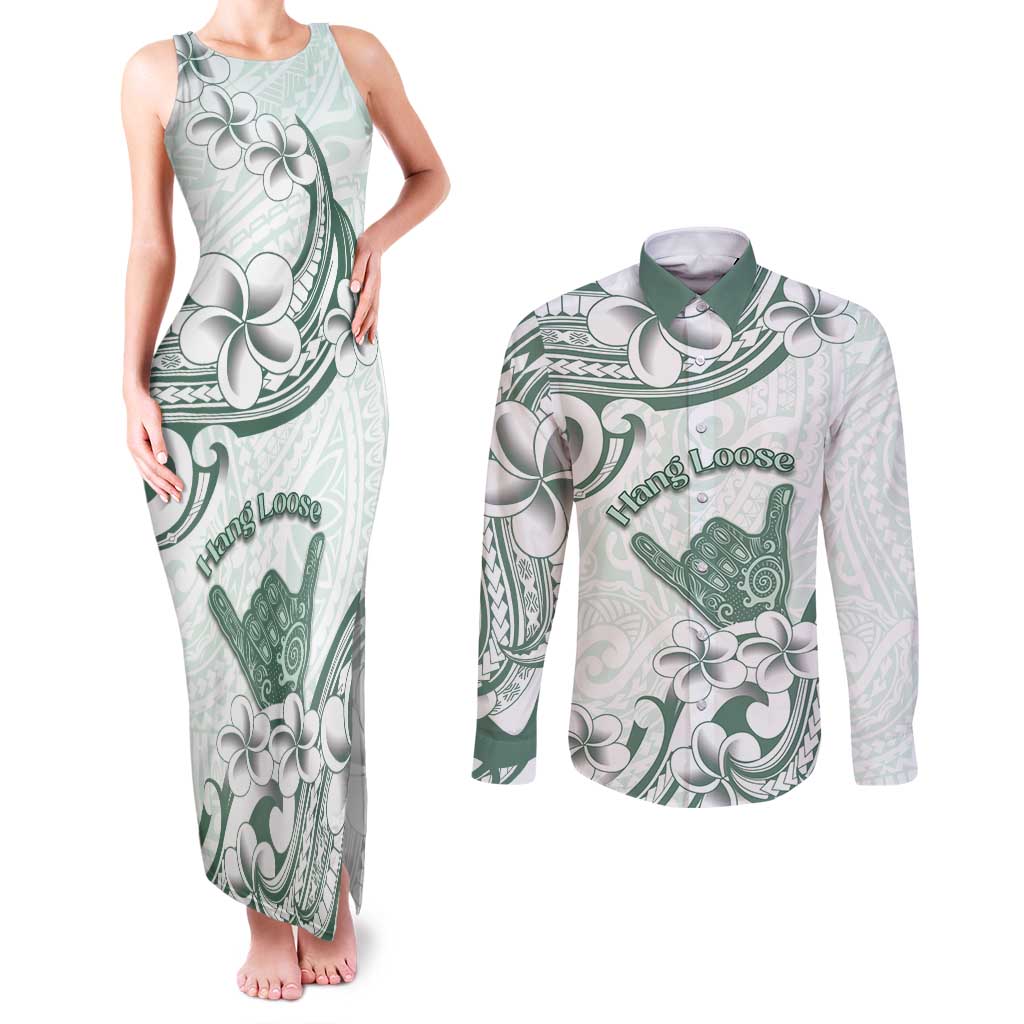 Aloha Hawaii Shaka Couples Matching Tank Maxi Dress and Long Sleeve Button Shirt Hang Loose Mint Version - Polynesian Pride