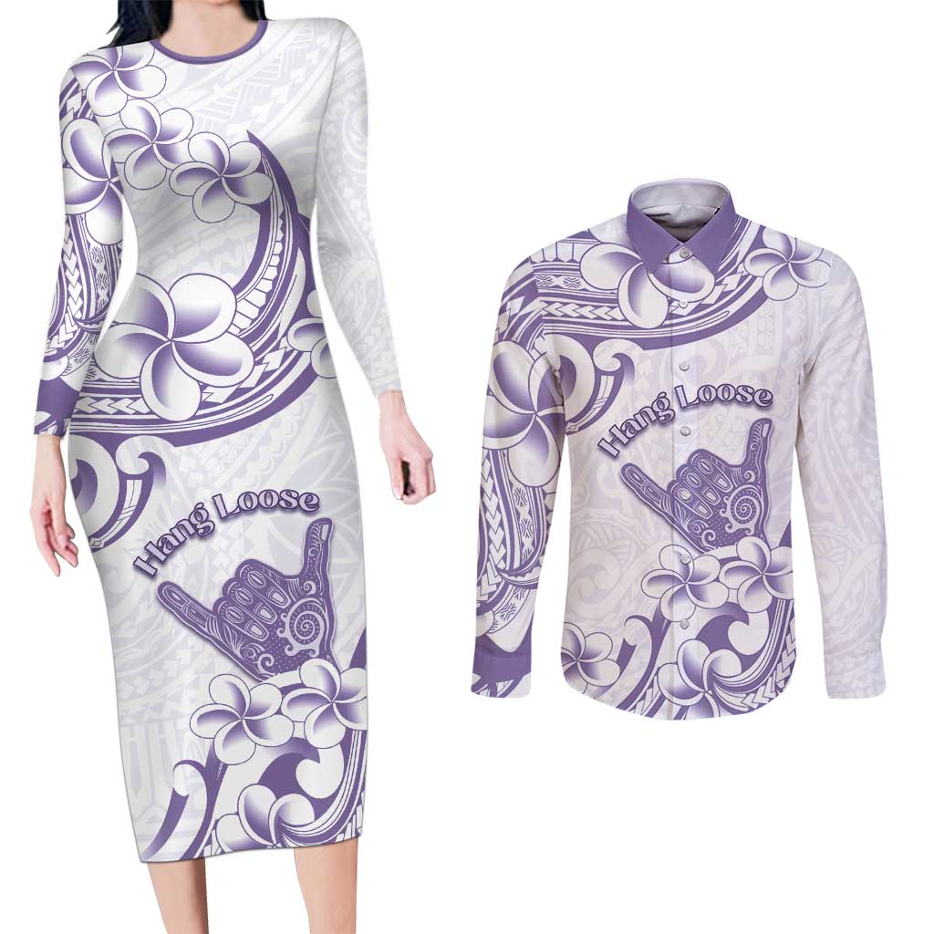 Aloha Hawaii Shaka Couples Matching Long Sleeve Bodycon Dress and Long Sleeve Button Shirt Hang Loose Purple Version DT05 Purple - Polynesian Pride
