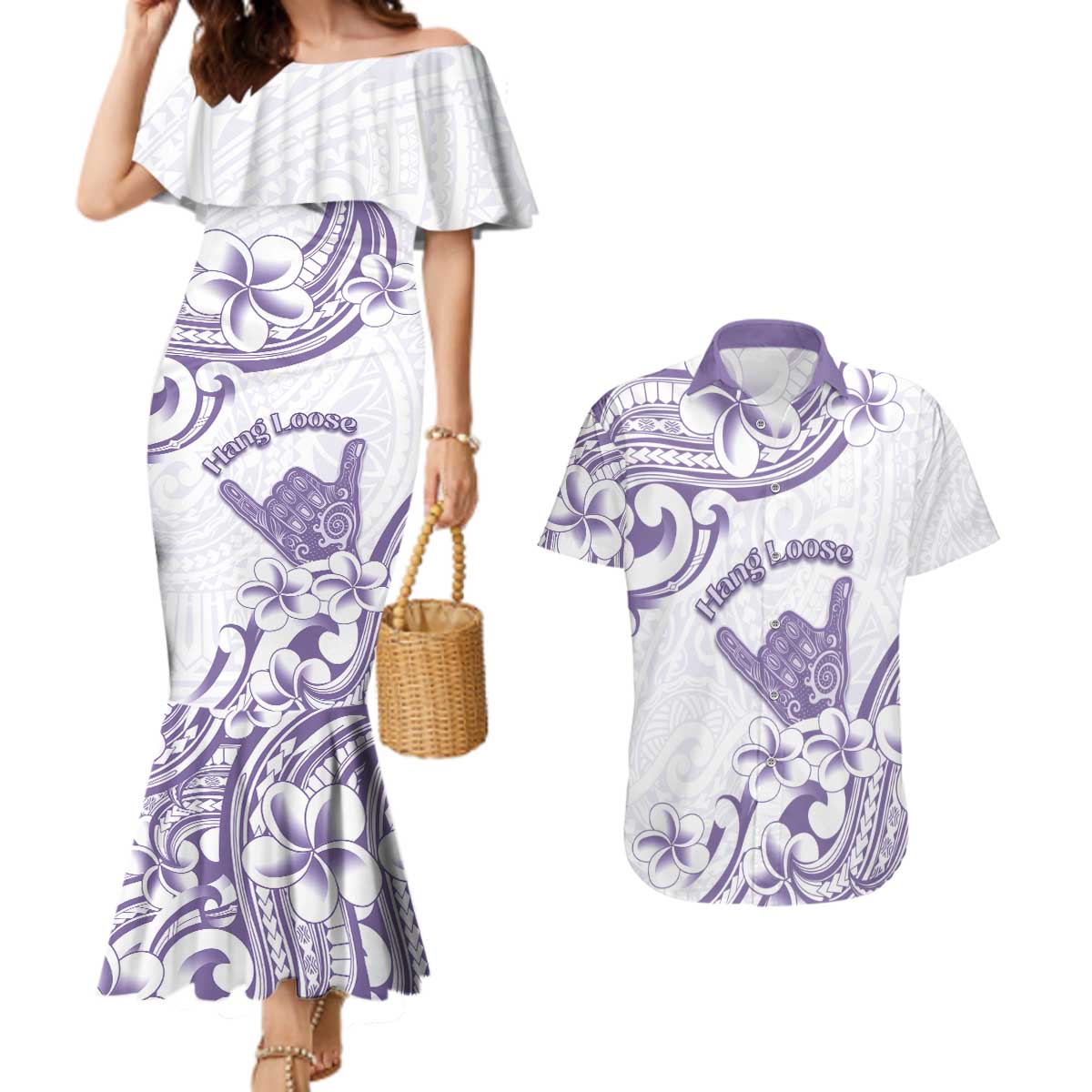 Aloha Hawaii Shaka Couples Matching Mermaid Dress and Hawaiian Shirt Hang Loose Purple Version DT05 Purple - Polynesian Pride