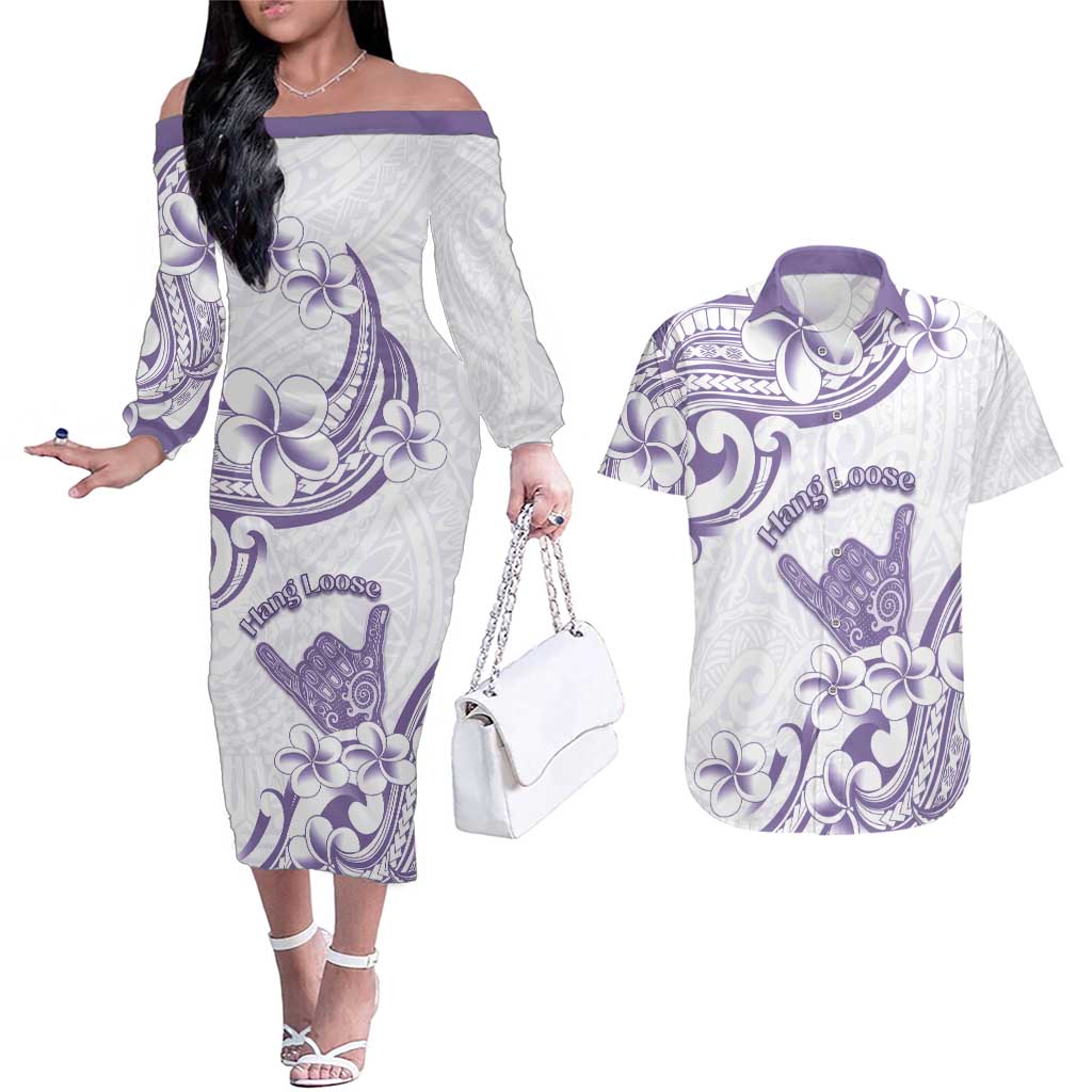 Aloha Hawaii Shaka Couples Matching Off The Shoulder Long Sleeve Dress and Hawaiian Shirt Hang Loose Purple Version DT05 Purple - Polynesian Pride