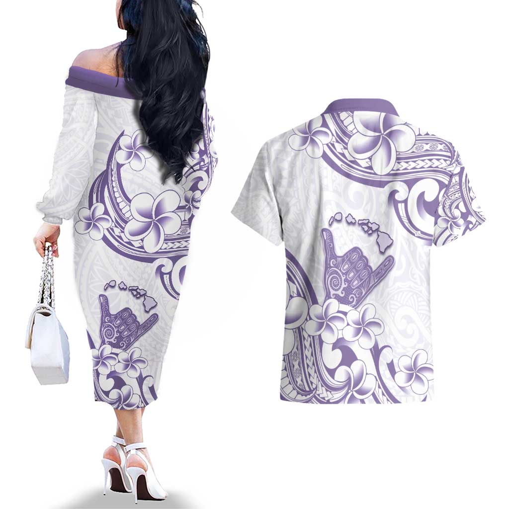 Aloha Hawaii Shaka Couples Matching Off The Shoulder Long Sleeve Dress and Hawaiian Shirt Hang Loose Purple Version DT05 - Polynesian Pride