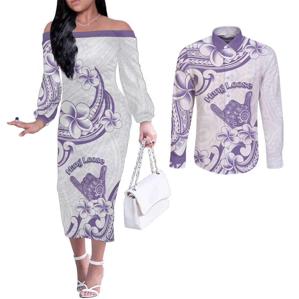 Aloha Hawaii Shaka Couples Matching Off The Shoulder Long Sleeve Dress and Long Sleeve Button Shirt Hang Loose Purple Version DT05 Purple - Polynesian Pride