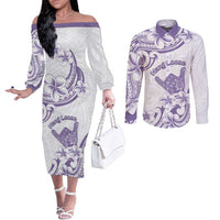Aloha Hawaii Shaka Couples Matching Off The Shoulder Long Sleeve Dress and Long Sleeve Button Shirt Hang Loose Purple Version DT05 Purple - Polynesian Pride