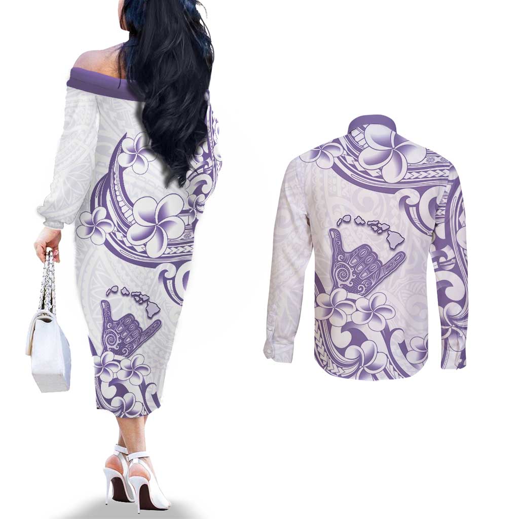 Aloha Hawaii Shaka Couples Matching Off The Shoulder Long Sleeve Dress and Long Sleeve Button Shirt Hang Loose Purple Version DT05 - Polynesian Pride