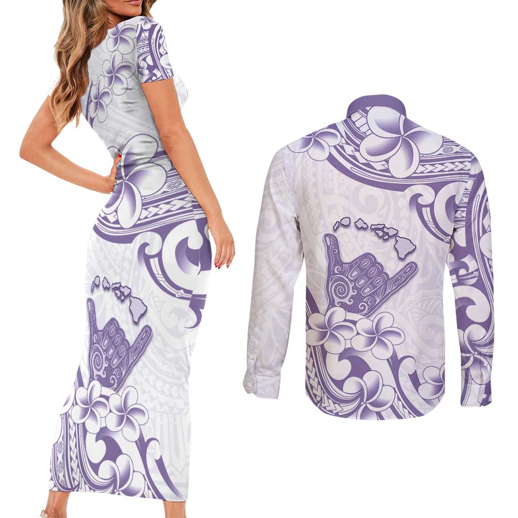 Aloha Hawaii Shaka Couples Matching Short Sleeve Bodycon Dress and Long Sleeve Button Shirt Hang Loose Purple Version DT05 - Polynesian Pride