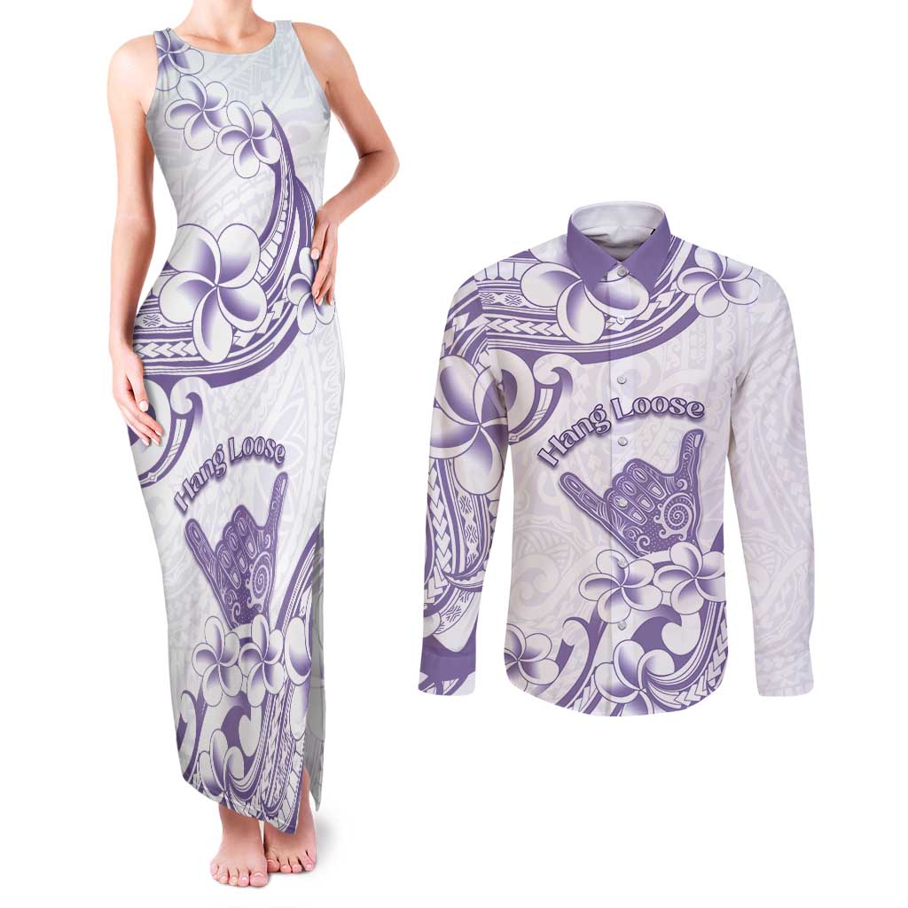 Aloha Hawaii Shaka Couples Matching Tank Maxi Dress and Long Sleeve Button Shirt Hang Loose Purple Version - Polynesian Pride