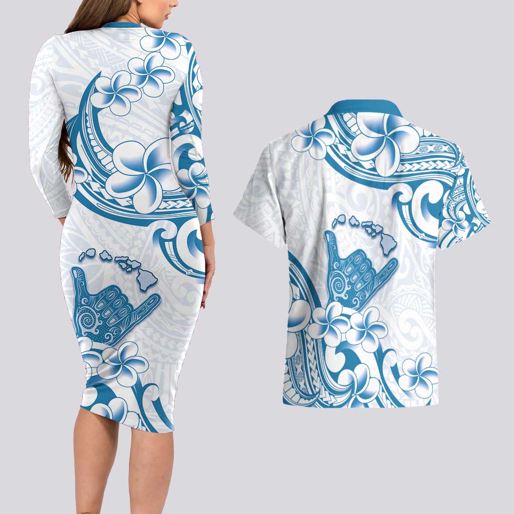 Aloha Hawaii Shaka Couples Matching Long Sleeve Bodycon Dress and Hawaiian Shirt Hang Loose Blue Version DT05 - Polynesian Pride