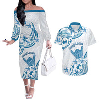 Aloha Hawaii Shaka Couples Matching Off The Shoulder Long Sleeve Dress and Hawaiian Shirt Hang Loose Blue Version DT05 Blue - Polynesian Pride