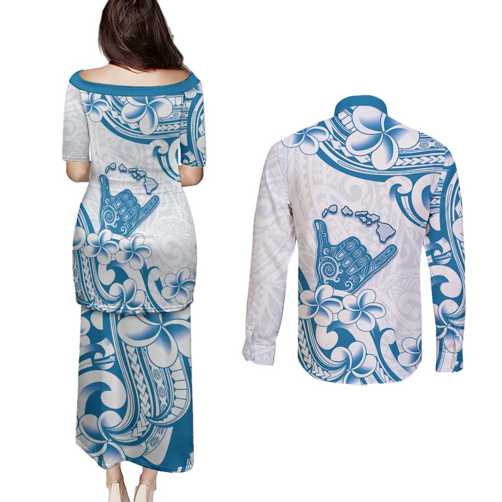 Aloha Hawaii Shaka Couples Matching Puletasi and Long Sleeve Button Shirt Hang Loose Blue Version - Polynesian Pride