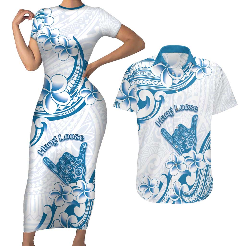 Aloha Hawaii Shaka Couples Matching Short Sleeve Bodycon Dress and Hawaiian Shirt Hang Loose Blue Version DT05 Blue - Polynesian Pride