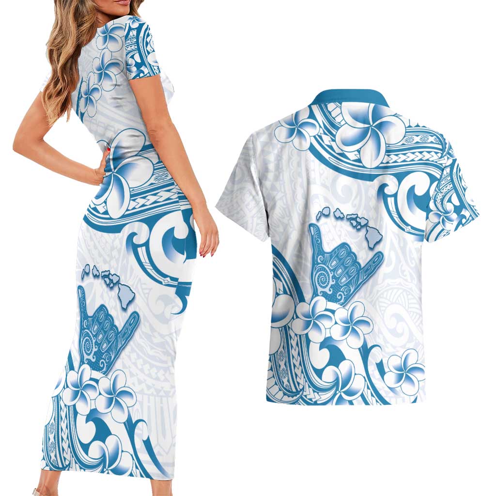 Aloha Hawaii Shaka Couples Matching Short Sleeve Bodycon Dress and Hawaiian Shirt Hang Loose Blue Version DT05 - Polynesian Pride