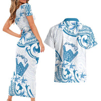 Aloha Hawaii Shaka Couples Matching Short Sleeve Bodycon Dress and Hawaiian Shirt Hang Loose Blue Version DT05 - Polynesian Pride