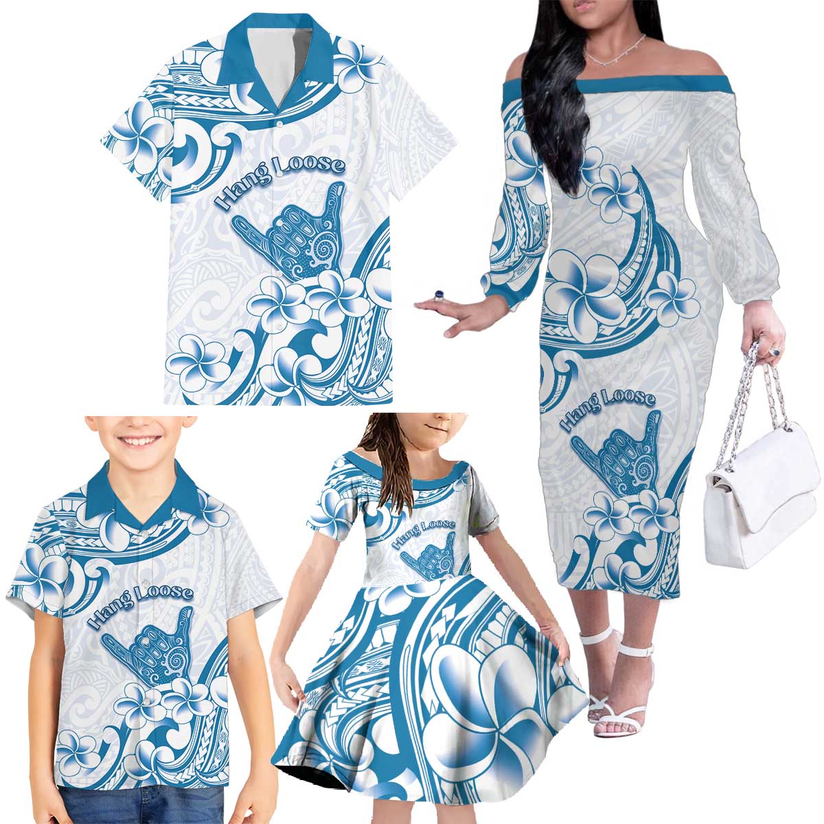 Aloha Hawaii Shaka Family Matching Off The Shoulder Long Sleeve Dress and Hawaiian Shirt Hang Loose Blue Version DT05 - Polynesian Pride