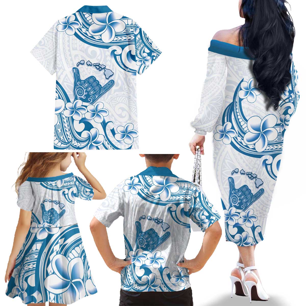 Aloha Hawaii Shaka Family Matching Off The Shoulder Long Sleeve Dress and Hawaiian Shirt Hang Loose Blue Version DT05 - Polynesian Pride