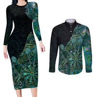 Personalised New Zealand Dart Couples Matching Long Sleeve Bodycon Dress and Long Sleeve Button Shirt Maori Fern With Paua Shell DT05 Green - Polynesian Pride