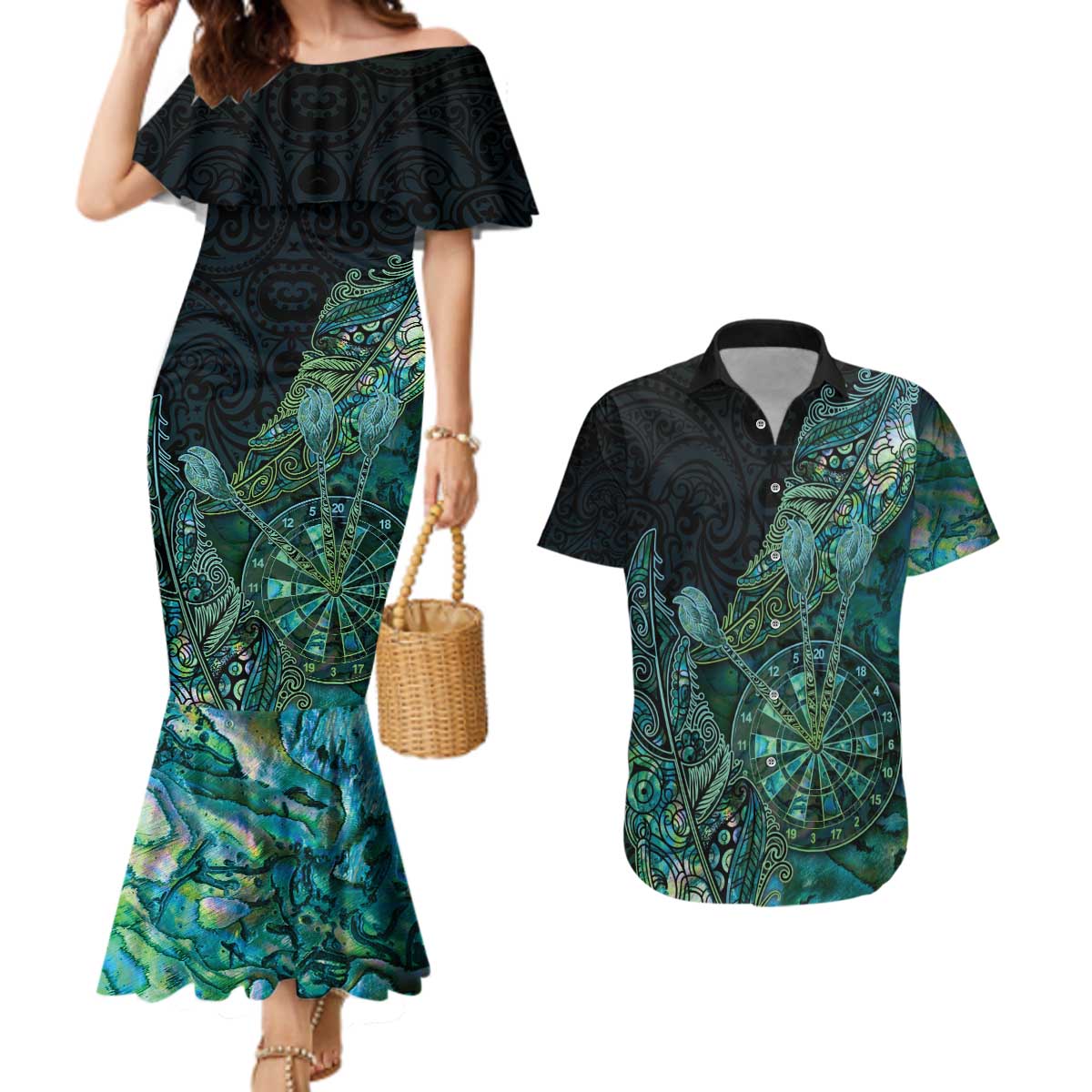 Personalised New Zealand Dart Couples Matching Mermaid Dress and Hawaiian Shirt Maori Fern With Paua Shell DT05 Green - Polynesian Pride