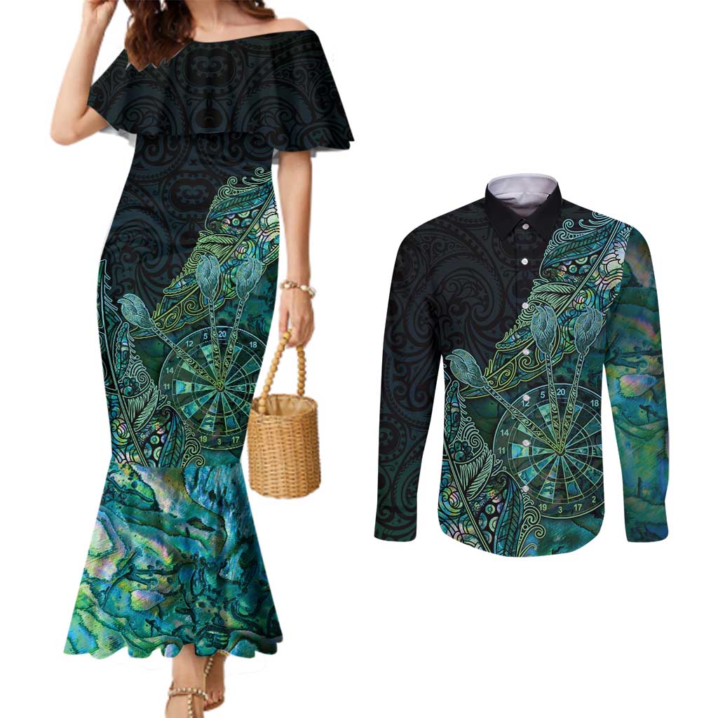 Personalised New Zealand Dart Couples Matching Mermaid Dress and Long Sleeve Button Shirt Maori Fern With Paua Shell - Polynesian Pride