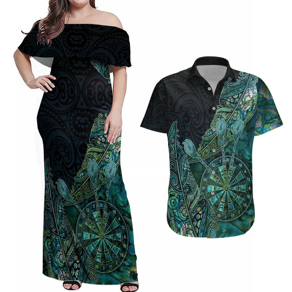 Personalised New Zealand Dart Couples Matching Off Shoulder Maxi Dress and Hawaiian Shirt Maori Fern With Paua Shell DT05 Green - Polynesian Pride