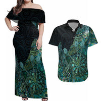 Personalised New Zealand Dart Couples Matching Off Shoulder Maxi Dress and Hawaiian Shirt Maori Fern With Paua Shell DT05 Green - Polynesian Pride
