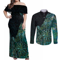 Personalised New Zealand Dart Couples Matching Off Shoulder Maxi Dress and Long Sleeve Button Shirt Maori Fern With Paua Shell DT05 Green - Polynesian Pride
