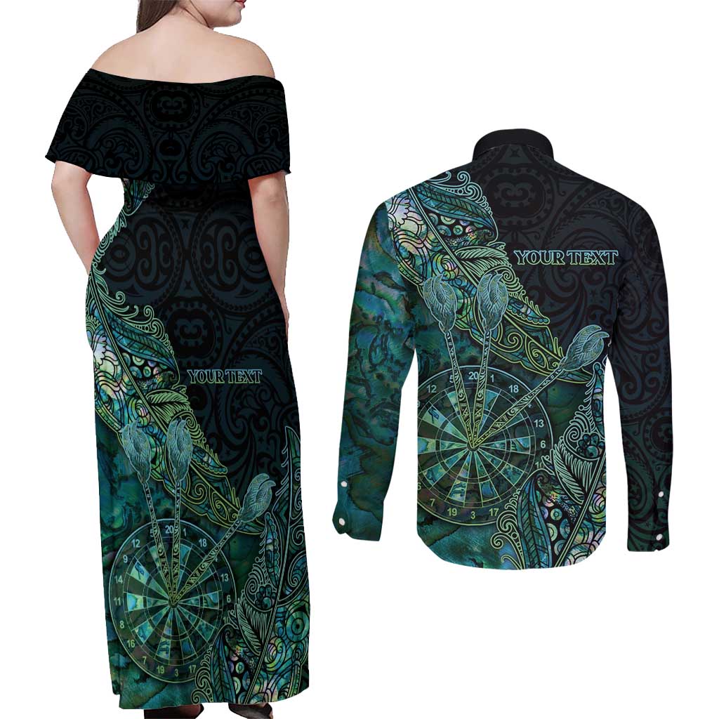 Personalised New Zealand Dart Couples Matching Off Shoulder Maxi Dress and Long Sleeve Button Shirt Maori Fern With Paua Shell DT05 - Polynesian Pride