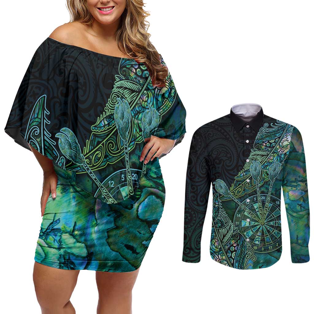 Personalised New Zealand Dart Couples Matching Off Shoulder Short Dress and Long Sleeve Button Shirt Maori Fern With Paua Shell DT05 Green - Polynesian Pride
