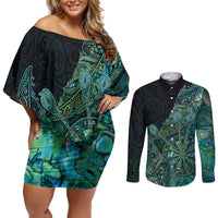 Personalised New Zealand Dart Couples Matching Off Shoulder Short Dress and Long Sleeve Button Shirt Maori Fern With Paua Shell DT05 Green - Polynesian Pride