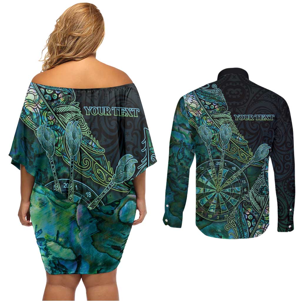 Personalised New Zealand Dart Couples Matching Off Shoulder Short Dress and Long Sleeve Button Shirt Maori Fern With Paua Shell DT05 - Polynesian Pride