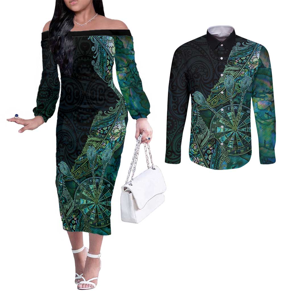 Personalised New Zealand Dart Couples Matching Off The Shoulder Long Sleeve Dress and Long Sleeve Button Shirt Maori Fern With Paua Shell DT05 Green - Polynesian Pride