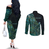 Personalised New Zealand Dart Couples Matching Off The Shoulder Long Sleeve Dress and Long Sleeve Button Shirt Maori Fern With Paua Shell DT05 - Polynesian Pride