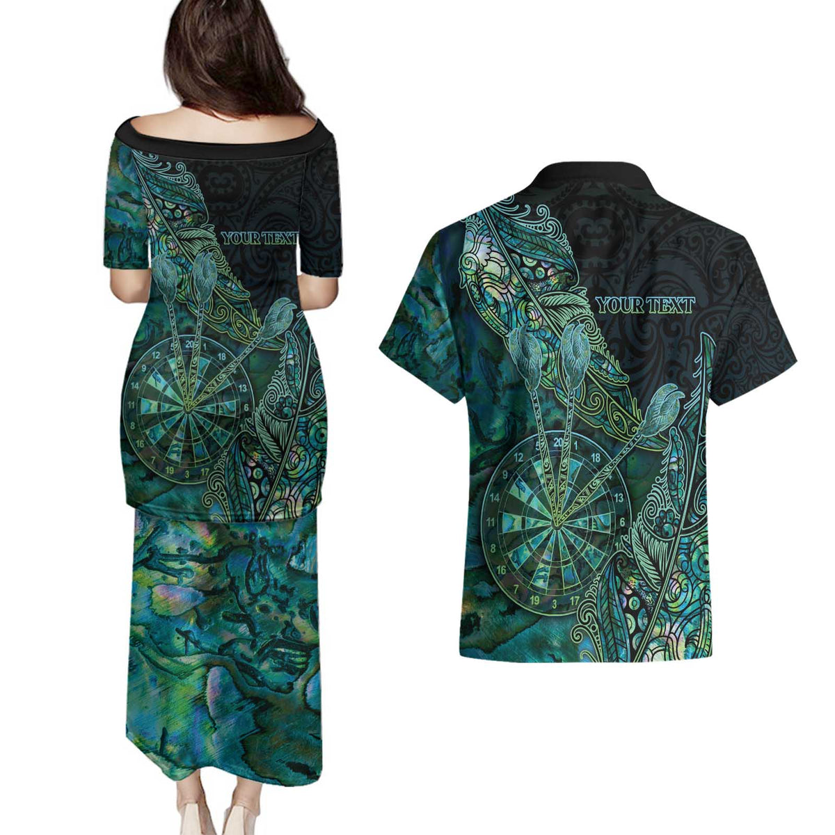 Personalised New Zealand Dart Couples Matching Puletasi and Hawaiian Shirt Maori Fern With Paua Shell DT05 - Polynesian Pride