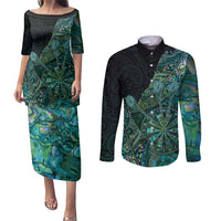 Personalised New Zealand Dart Couples Matching Puletasi and Long Sleeve Button Shirt Maori Fern With Paua Shell DT05 Green - Polynesian Pride