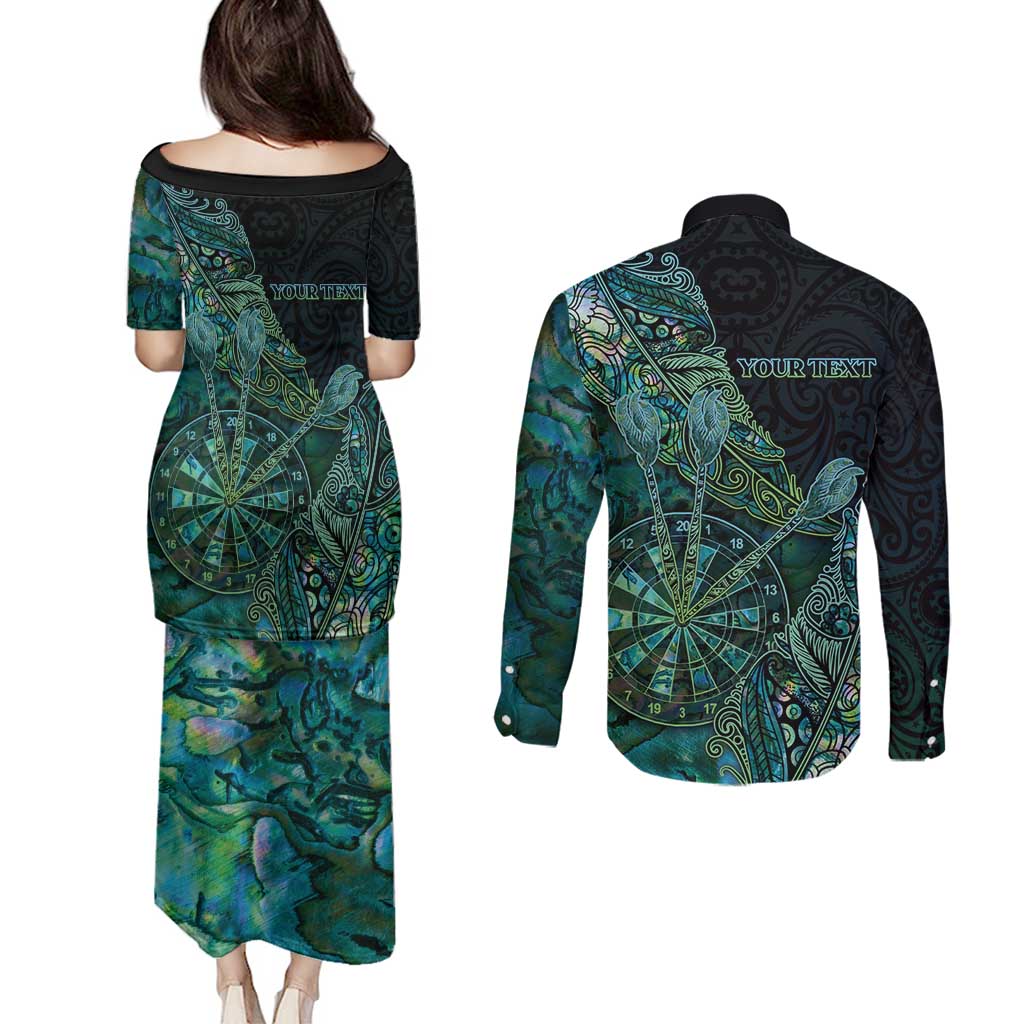 Personalised New Zealand Dart Couples Matching Puletasi and Long Sleeve Button Shirt Maori Fern With Paua Shell DT05 - Polynesian Pride