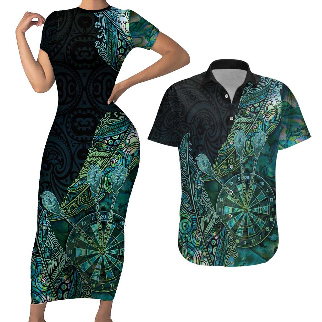Personalised New Zealand Dart Couples Matching Short Sleeve Bodycon Dress and Hawaiian Shirt Maori Fern With Paua Shell DT05 Green - Polynesian Pride
