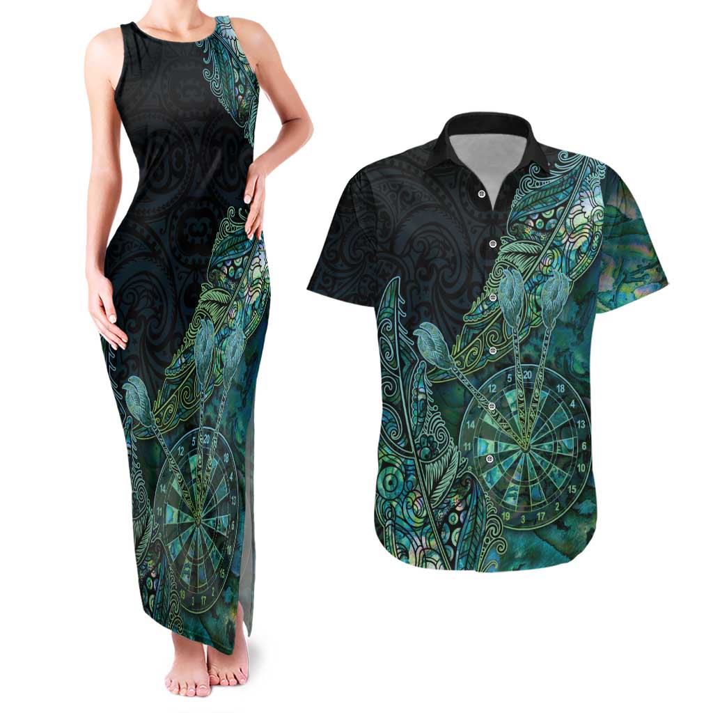 Personalised New Zealand Dart Couples Matching Tank Maxi Dress and Hawaiian Shirt Maori Fern With Paua Shell DT05 Green - Polynesian Pride