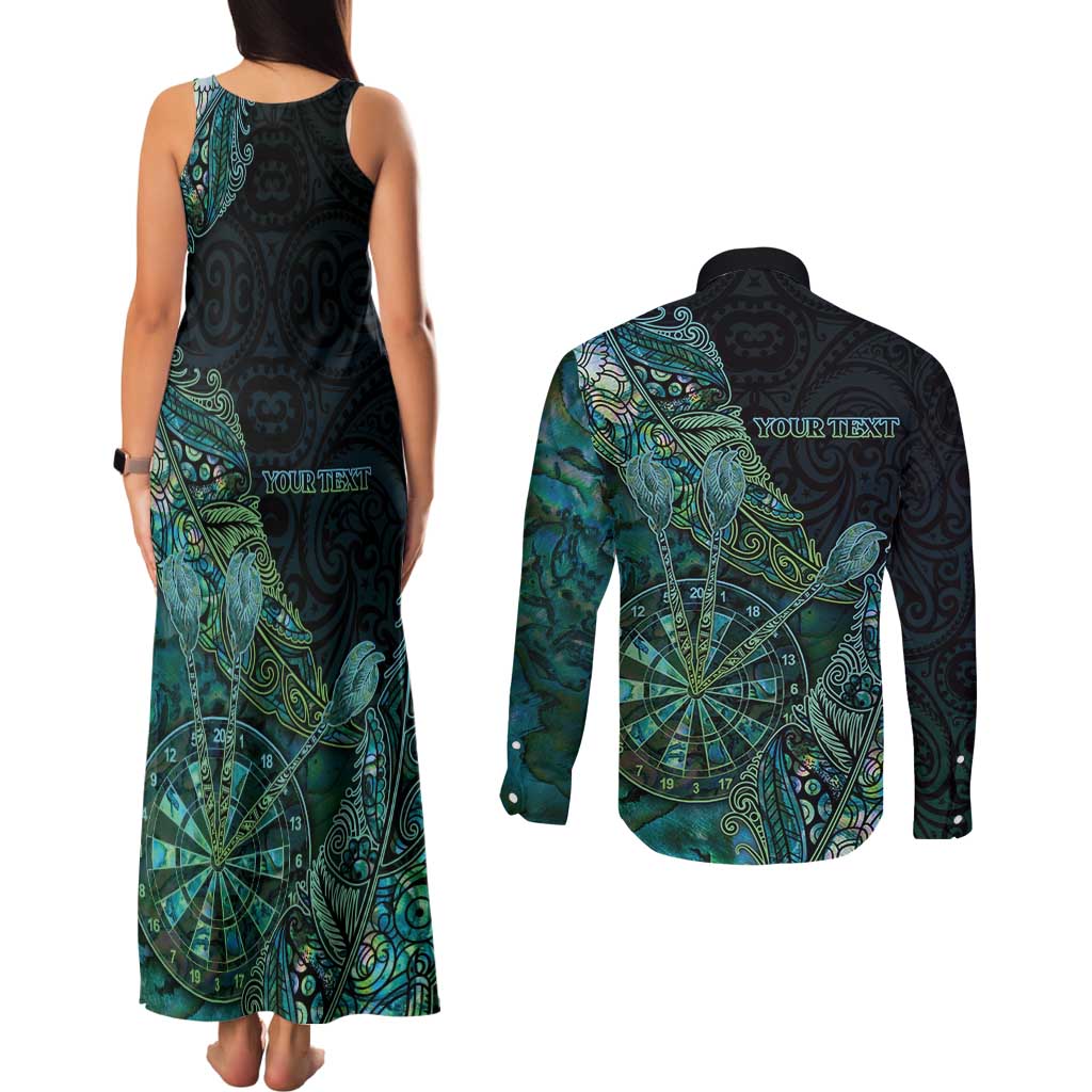 Personalised New Zealand Dart Couples Matching Tank Maxi Dress and Long Sleeve Button Shirt Maori Fern With Paua Shell DT05 - Polynesian Pride