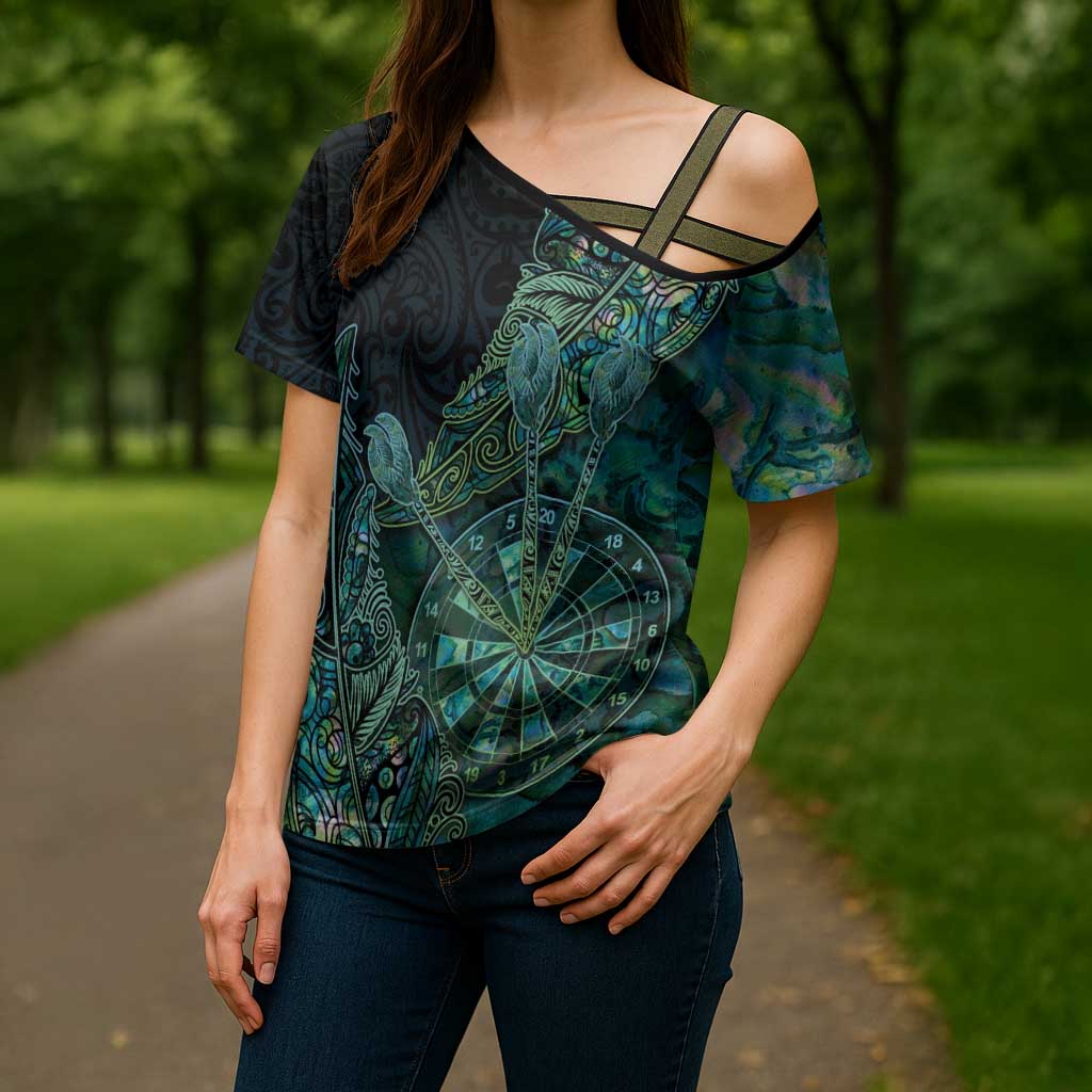 Personalised New Zealand Dart Cross Shoulder Shirt Maori Fern With Paua Shell DT05 - Polynesian Pride