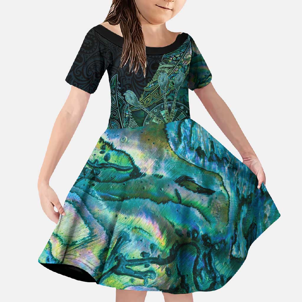Personalised New Zealand Dart Family Matching Mermaid Dress and Hawaiian Shirt Maori Fern With Paua Shell DT05 Daughter's Dress Green - Polynesian Pride