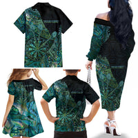 Personalised New Zealand Dart Family Matching Off The Shoulder Long Sleeve Dress and Hawaiian Shirt Maori Fern With Paua Shell DT05 - Polynesian Pride